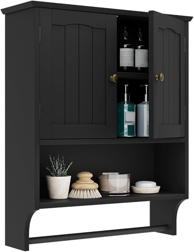 Smuxee Black Bathroom Cabinet Wall Mounted with Towels Bar, Medicine Cabinet with 2 Door Adjustable Shelves, Over Toilet Cabinet for Bathroom Laundry Room Kitchen