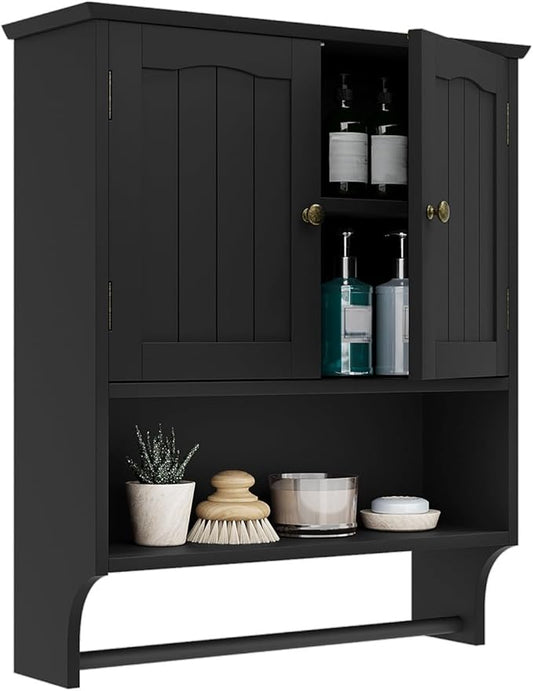 Smuxee Black Bathroom Cabinet Wall Mounted with Towels Bar, Medicine Cabinet with 2 Door Adjustable Shelves, Over Toilet Cabinet for Bathroom Laundry Room Kitchen