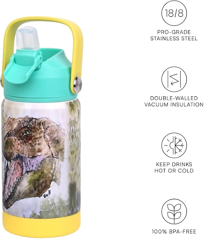 Dinosaur Expert Kids water bottle for girls and boys with unique T-Rex design BPA free Double wall Flask insulated stainless Steel for Dinosaur lovers Christmas Birthday gifts for Dinosaur lovers