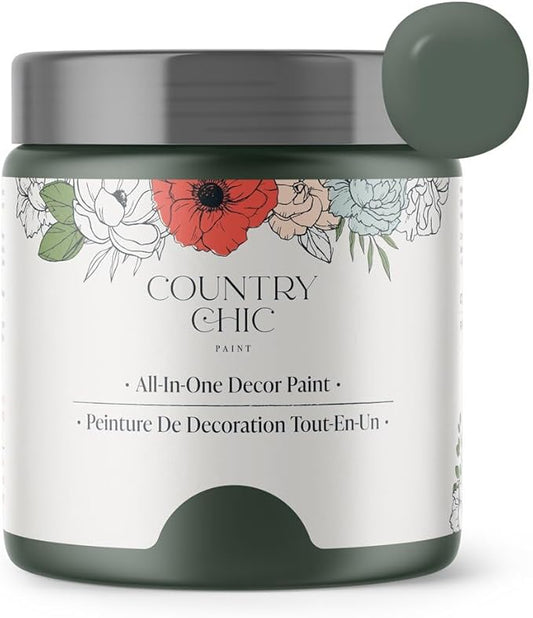 Country Chic All-in-One Chalk Paint for Furniture, Cabinets, Home Decor, Eco-Friendly, Matte Finish, Built-In Primer & Top Coat for Wood, Metal - Hollow Hill (Dark Green) - 8 oz (237 ml)
