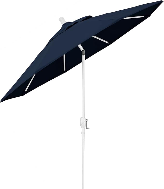 California Umbrella 7.5' Round Aluminum Market Umbrella, Crank Lift, Push Button Tilt, White Pole, Navy Blue Olefin