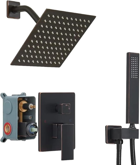 Oil Rubbed Bronze Shower System with 8'' Rainfall Shower Head, Handheld Shower head, Bathroom Luxury Rain Mixer Shower Combo Set Wall Mounted Shower Faucet Rough-in Valve and Trim Kit