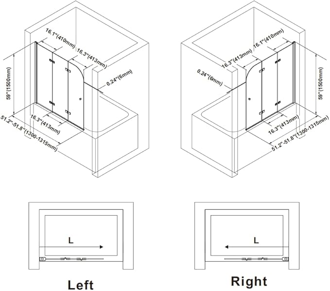 Bathtub Shower Doors 51.2-51.8 in. W × 59 in. H, 1/4" (6mm) Clear Tempered Glass Shower Door, Framless Bi-fold Triple Glass Panels Shower Door with Clamps, Matte Black