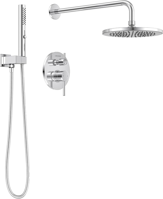 Lava Odoro Modern 2-Setting Round Rain Shower System with Handheld Spray, Chrome Rainfall Shower Faucet Set Rain Shower Head and Handle Set, Shower Valve Trim Kit,10 Inch, Chrome, SF104-C