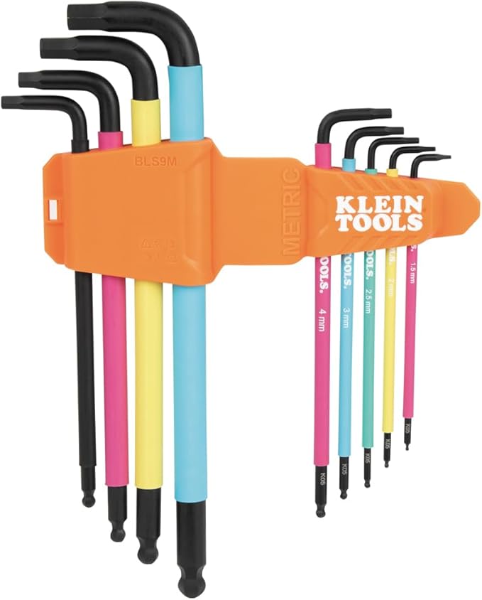 Klein Tools BLS9M 9-Piece Metric Ball End Hex Key Caddy Set, Color-Coded L Style, Extra-Long, Heat-Treated, 1.5 to 10 mm