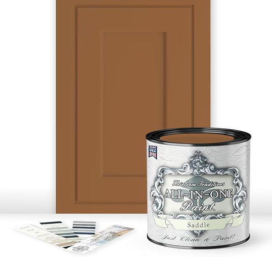 ALL-IN-ONE Paint, Durable cabinet and furniture paint. Built in primer and top coat, no sanding needed. Includes our 30 featured color card - Saddle (caramel brown), Quart