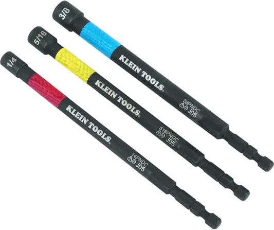 Klein Tools 65411PK3 Magnetic Color-Coded Power Nut Setter Set, 1/4-Inch Impact Hex Drive, 5-Inch Shaft, Extended Reach, 3-Piece