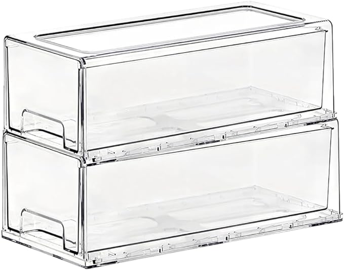 SIMPEXPE Stackable Storage Drawer, Pull Out Plastic Food Fridge Organizer Bins for Pantry Shelf Refrigerator Organization Kitchen Bathroom Cabinet Closet Office Clear -2Pack