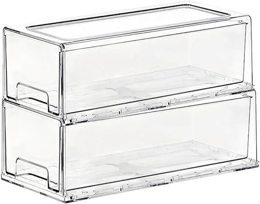 SIMPEXPE Stackable Storage Drawer, Pull Out Plastic Food Fridge Organizer Bins for Pantry Shelf Refrigerator Organization Kitchen Bathroom Cabinet Closet Office Clear -2Pack