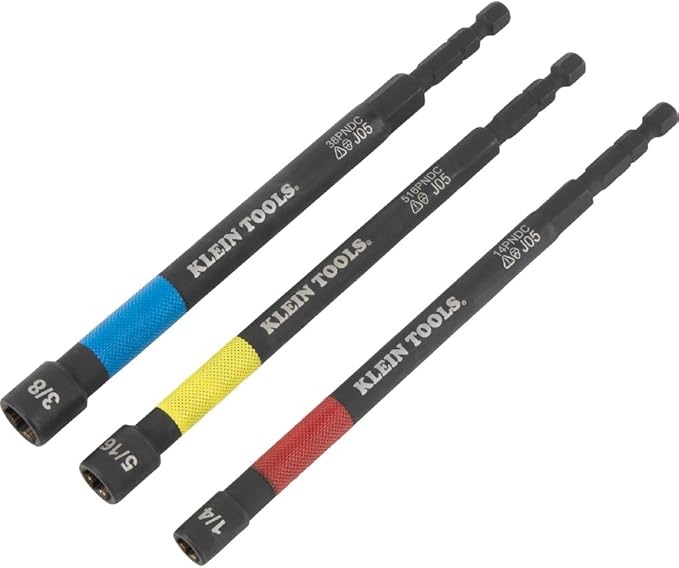 Klein Tools 65411PK3 Magnetic Color-Coded Power Nut Setter Set, 1/4-Inch Impact Hex Drive, 5-Inch Shaft, Extended Reach, 3-Piece