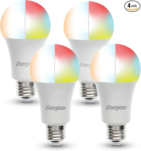 Energizer Connect Smart A19 LED Multi-White & Multi-Color RGB Light Bulb with Voice Control and Remote Access Through Your Smartphone | Compatible with Alexa and Google Assistant, 4 Pack