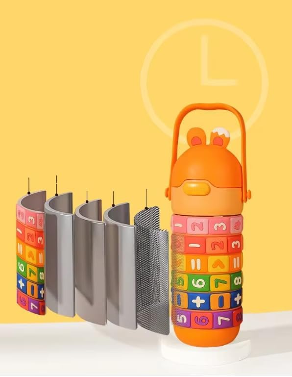 Numbers and Maths Symbols Design Kids' Water Bottle with Straw for School or Travel; 15oz (430ml) Stainless Steel water Bottle; Portable Handle with Detachable Buckle (Orange), CZMX-30031