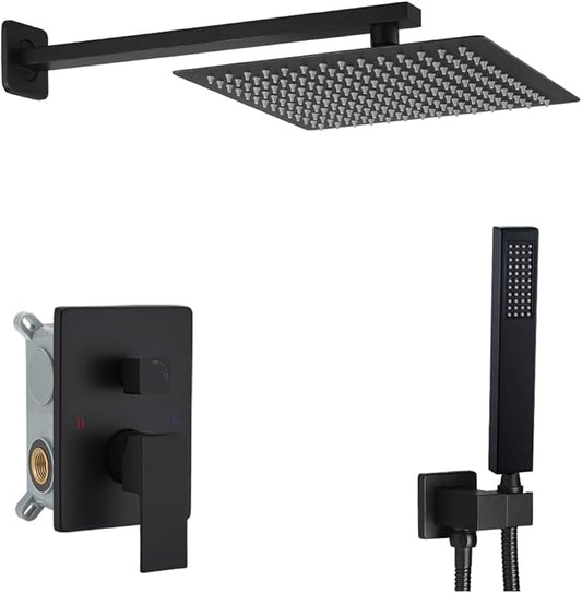 Shower Faucet Set 16 Inch Wall Mount Rain Shower System, All Metal Shower Fixtures - Matte Black