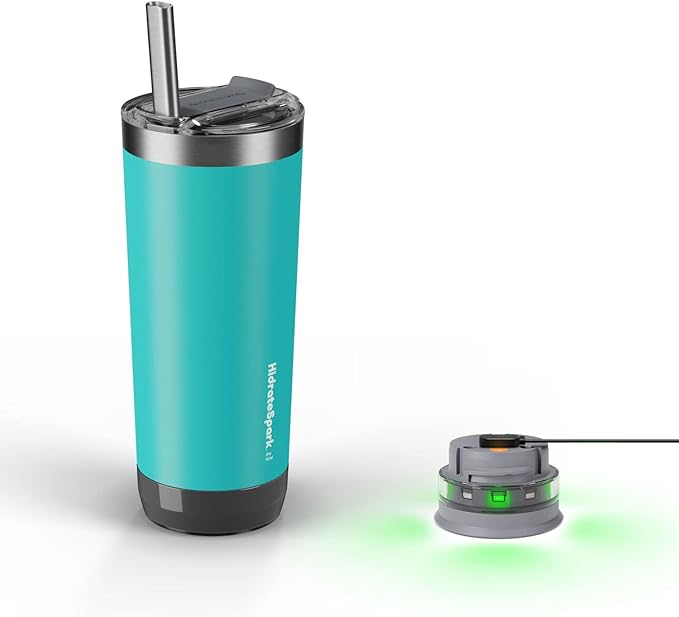 Hidrate Spark PRO Smart Tumbler Bundle – Insulated Stainless Steel – Tracks Water Intake with Bluetooth, LED Glow Reminder When You Need to Drink – 20oz, Sea Glass + 3 Straws