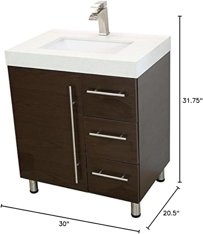 30" Freestanding Bathroom Vanity,Brown. White Integrated Countertop