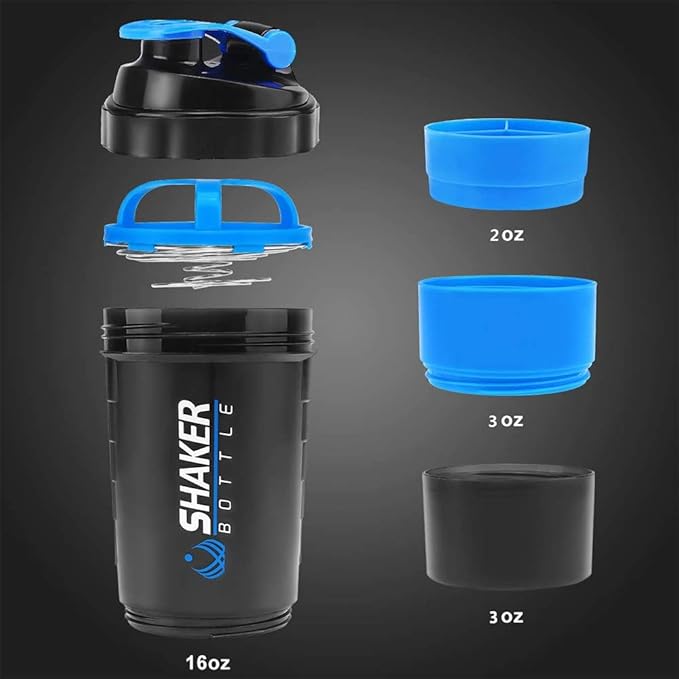 Protein Shaker Bottle - Sports Water Bottle - Non Slip 3 Layer Twist Off 3oz Cups with Pill Tray - Leak Proof Shake Bottle Mixer- Protein Powder 22 oz Shake Cup with Storage