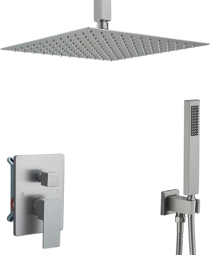12 Inch Brushed Nickel Ceiling Mount Shower System Bathroom Luxury Rain Mixer Shower Combo Set Ceiling Rainfall Shower Head System Faucet Contain Rough-in Valve and Trim Included