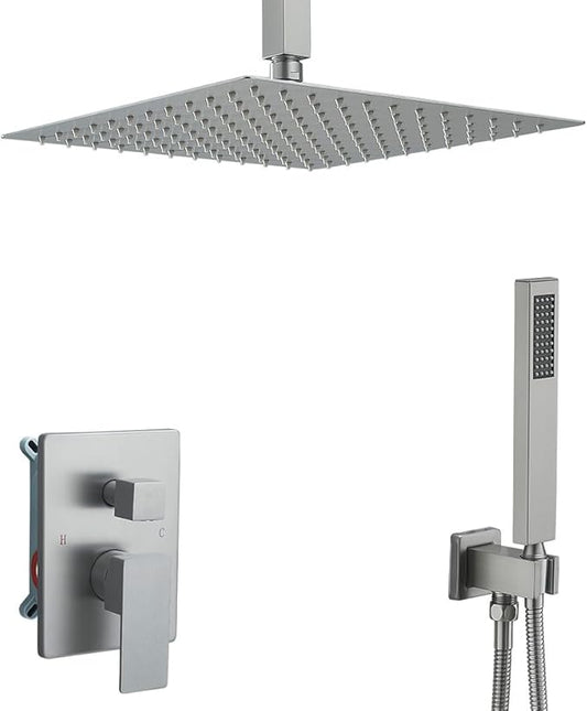 12 Inch Brushed Nickel Ceiling Mount Shower System Bathroom Luxury Rain Mixer Shower Combo Set Ceiling Rainfall Shower Head System Faucet Contain Rough-in Valve and Trim Included