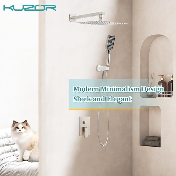 1Pc 304 Stainless Steel Shower Faucet Set, Rain Shower Head with Handheld Spray, Square Shower Head with 3 Setting Handheld Combo and Brass Valve Kit (Brushed Nickel, 10 Inch Rain Shower Head)