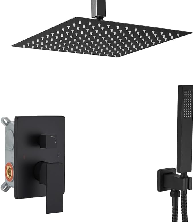 16 Inch Matte Black Ceiling Mount Shower System Bathroom Luxury Rain Mixer Shower Combo Set Ceiling Rainfall Shower Head System Faucet Contain Rough-in Valve and Trim Included