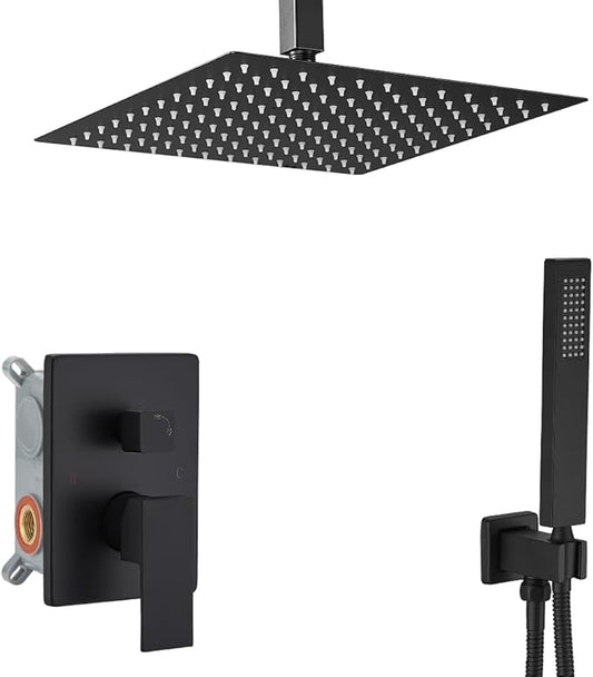 16 Inch Matte Black Ceiling Mount Shower System Bathroom Luxury Rain Mixer Shower Combo Set Ceiling Rainfall Shower Head System Faucet Contain Rough-in Valve and Trim Included