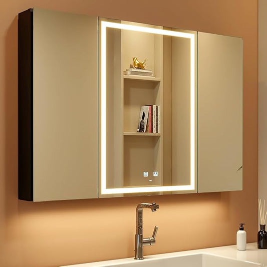KWW LED Lighted Bathroom Medicine Cabinet with Sockets & USBs, Defogger, Dimmable, 3 Color Light Makeup Mirror, Easy to Install, Wall Mounted Cabinet (40 * 28)