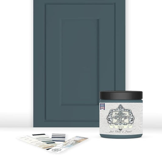 ALL-IN-ONE Paint, Durable cabinet and furniture paint. Built in primer and top coat, no sanding needed. Includes our 30 featured color card - Spruce (gray green with slight blue undertone), 8oz Sample