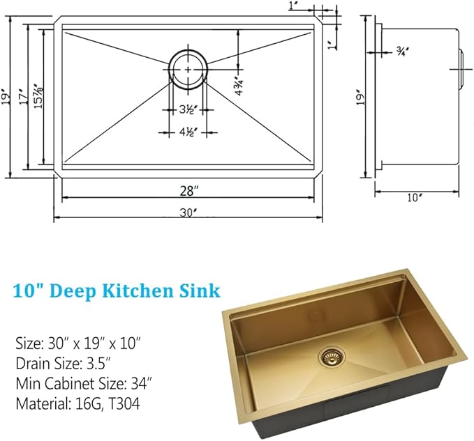 30 Inch Undermount Kitchen Sink Gold Stainless Steel Workstation Single Bowl 16 Gauge Over Counter Deep Kitchen Sink Basin