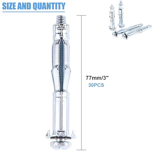 Glarks 30Pcs 5x65MM Heavy Duty Zinc Plated Steel Molly Bolt Hollow Drive Wall Anchor Screws Set for Drywall, Plaster and Tile (M5x65)