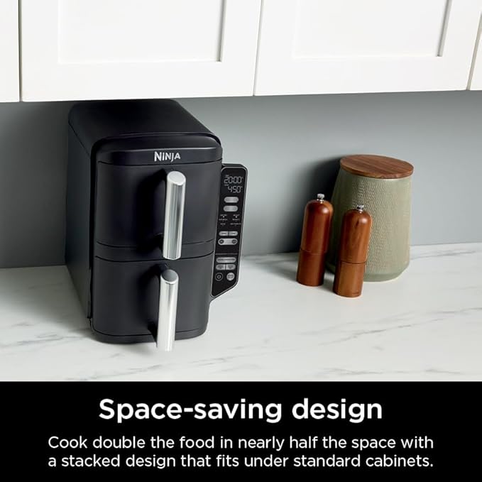 Ninja DoubleStack 2-Basket Air Fryer, DoubleStack Technology Cooks 4 Foods at Once, Space Saving Design, 8 QT, 6-in-1, Smart Finish & Match Cook, Air Fry, Broil, Bake, Easy Meals & Clean, Black, SL201
