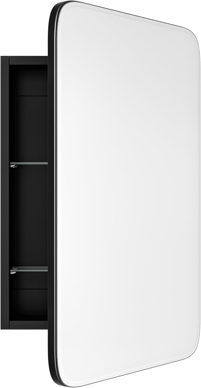 Vintage-Style Bathroom Wood Black Cabinet with 16.5''x24'' Curved Mirror, Recessed Medicine Cabinet, Bathroom Storage Cabinet