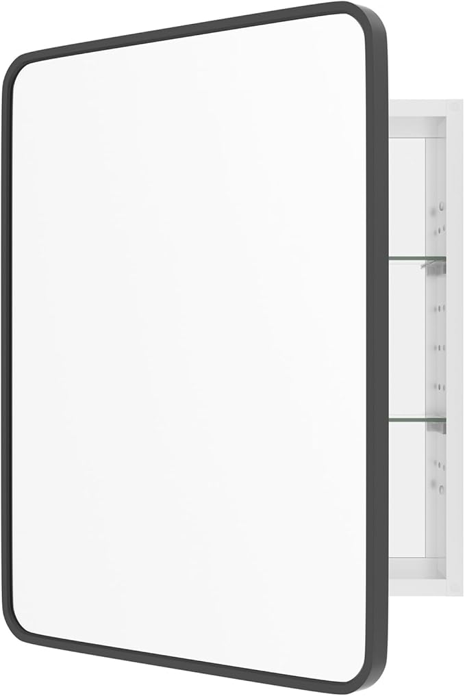 WallBeyond Bathroom 22x28 Inch Black Recessed Medicine Cabinet with Round Corner Aluminum Alloy Metal Framed, Single Door Modern Medicine Cabinet with Storage