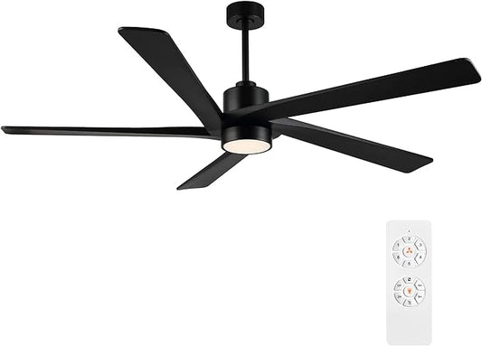 WINGBO 72 Inch DC Ceiling Fan with Lights and 3 Downrods, 5 Reversible Carved Wood Blades, 6-Speed Noiseless DC Motor, Modern Ceiling Fan in Matte Black Finish, ETL Listed