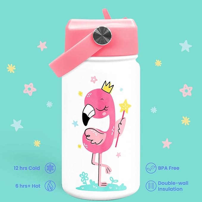 Flamingo Water Bottle - Kids Water Bottle with Straw Lid - 12 Oz Insulated Stainless Steel Water Bottles for Toddlers Kid Girls - Travel Cup for School Sports