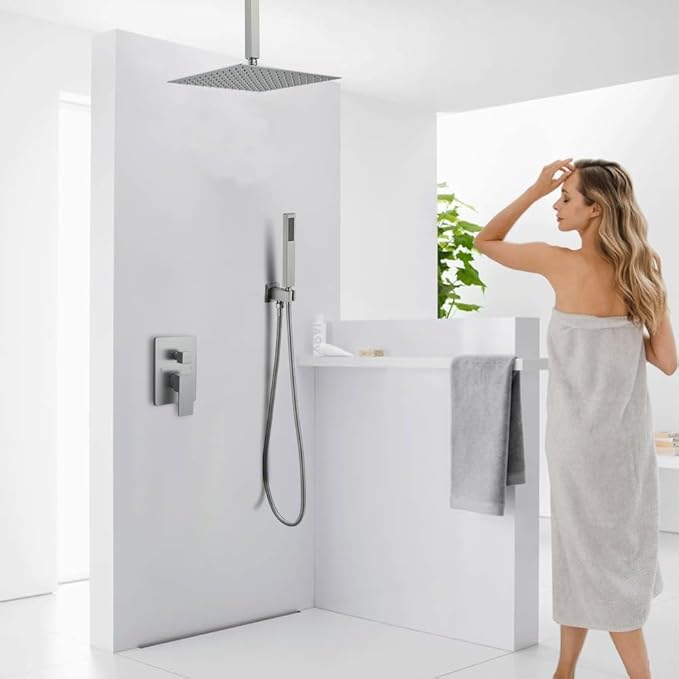 12 Inch Brushed Nickel Ceiling Mount Shower System Bathroom Luxury Rain Mixer Shower Combo Set Ceiling Rainfall Shower Head System Faucet Contain Rough-in Valve and Trim Included
