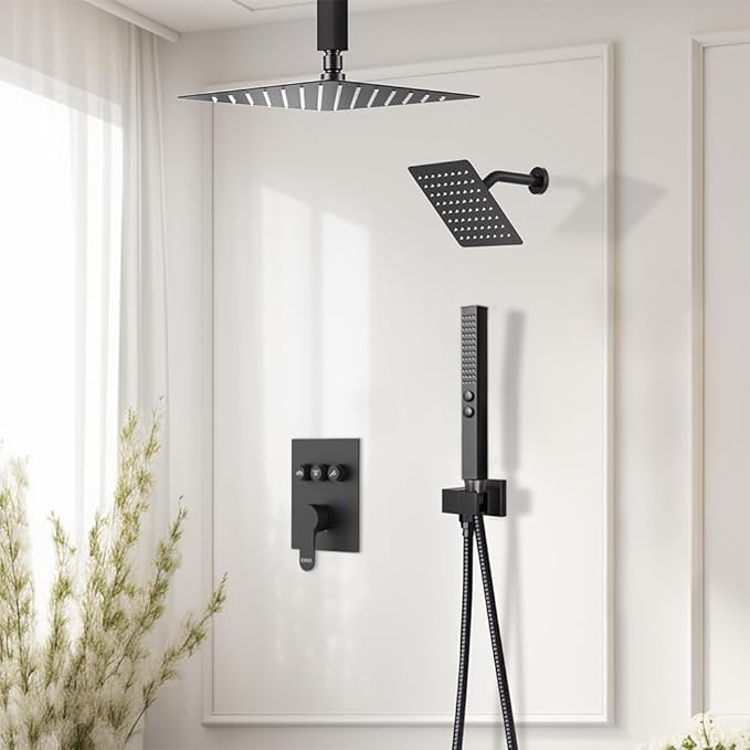 Shower Faucet Set Matte Black Shower System,Push Button Diverter Shower Sets with 2 in 1 Handheld,Ceiling Mount Dual 10+6 Inch Rain Shower Heads,Can Run All Together