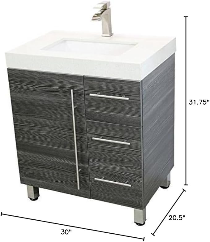30" Freestanding Bathroom Vanity, Dark Grey. White Integrated Countertop