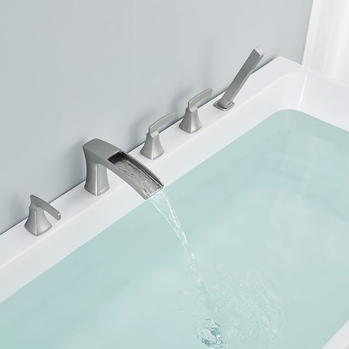 Roman Tub Faucet Waterfall Deck Mount Tub Filler Brushed Nickel Bathtub Faucets 5 Hole Brass Bathroom Faucets with Hand Shower
