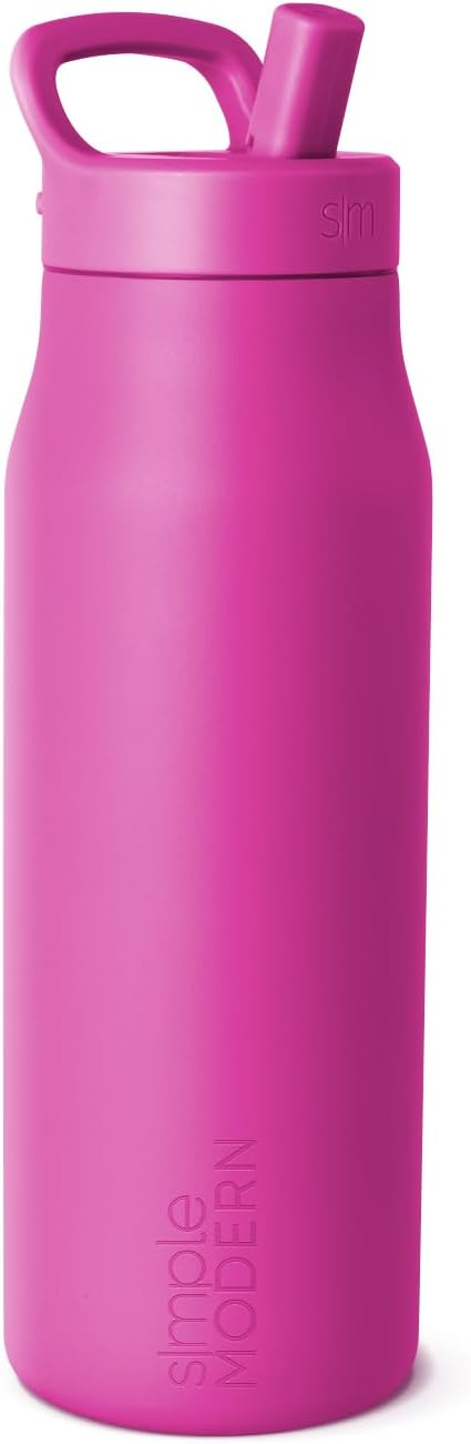 Simple Modern Water Bottle with Push Button Straw Lid | Ceramic-Lined Insulated Stainless Steel | Travel Water Bottles for Gym & Sports | Leak Proof | Mesa Signature Collection | 34oz, Berry