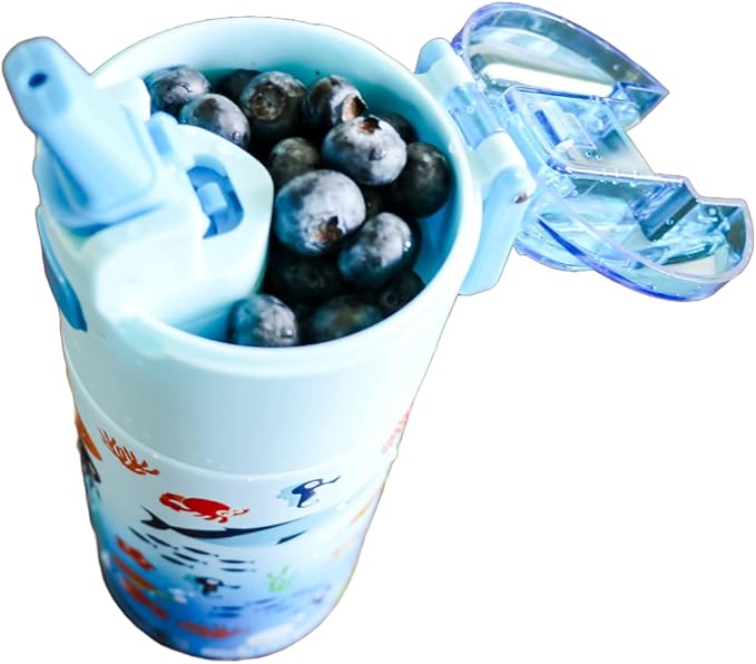 Kids insulated water bottle with straw and snack cup. Double wall stainless steel 14oz (skyblue ocean theme)
