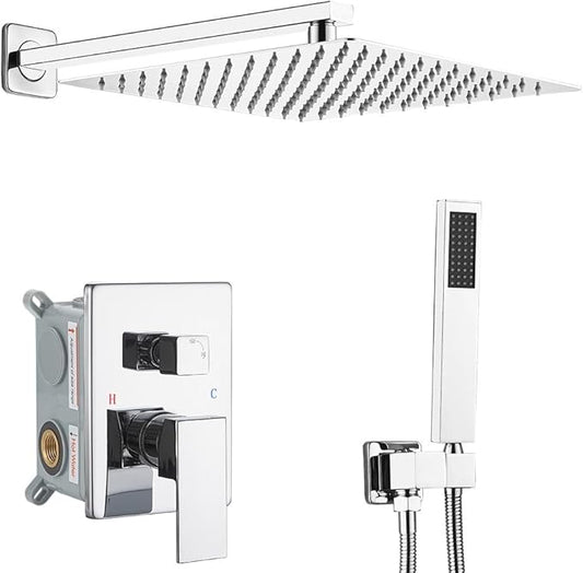 Shower Faucet Set Complete, Wall Mount Shower System for Bathroom 12 Inch High-Pressure Rainfall Shower with Handheld, Rough-in Valve Body and Trim Kit, Polished Chrome