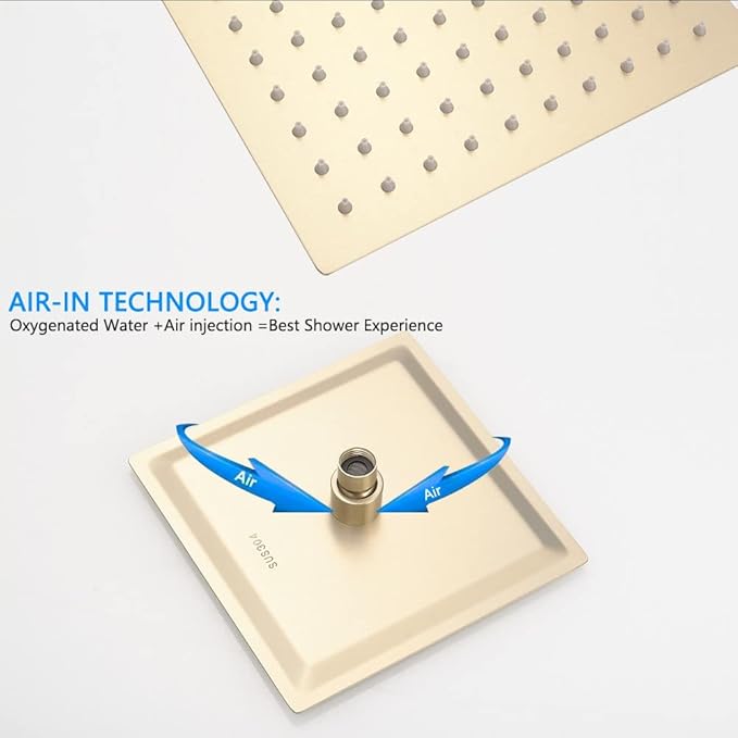 Brushed Gold Shower Faucet Set, Single Function Shower Trim Kit with Rough-in Valve, Square Rain Shower Head System Included Extra Long Shower Arm for Bathroom