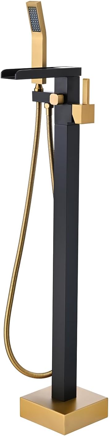 BAGNOLUX Solid Brass Floor Mount Bathtub Faucet Free Standing Tub Faucet Freestanding Tub Filler Black Gold High Flow Rate Swivel Spout with Hand Shower, ‎YGSLT-Waterfall Black+Gold
