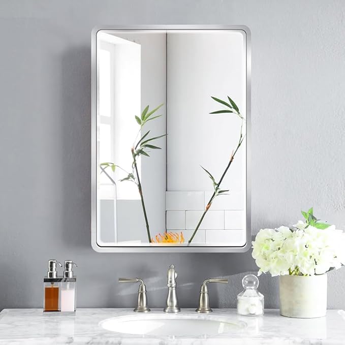 16×26inch Medicine Cabinet,Brushed Aluminum Framed,Beveled Mirror,Soft Closing Hinge,Sliver,Detachable Side Plate for Recess Mount or Surface Mount