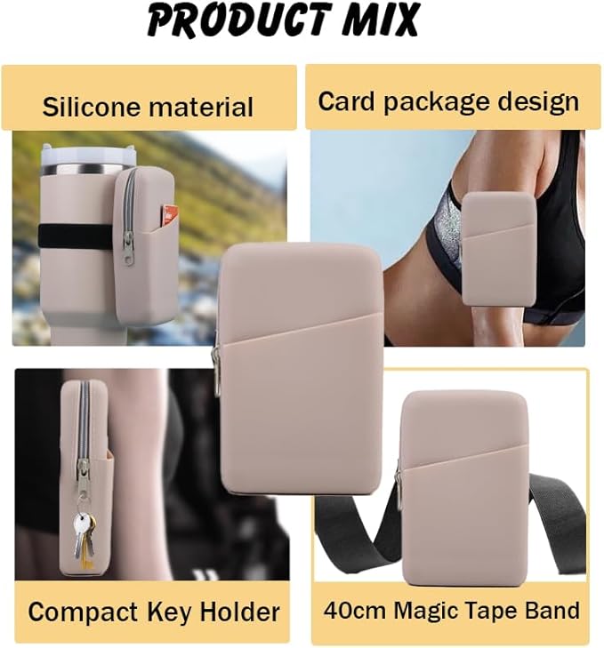 Water Bottle Pouch Silicone Gym Tumbler Accessories for Stanley Quencher Stanley IceFlow Simple Modern tumbler20 oz 30 oz 40 oz, with Pocket for Storage for Phone, Card, Key, Wallet (Khaki)