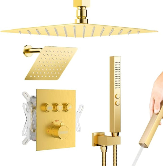 Brushed Gold Shower System, STARBATH Ceiling Mounted 12+8 Inch Rainfall Shower Head with 2 in 1 High Pressure Handhled, Can Use All at Once, Push Button Diverter Thermostatic Valve with Trim Kit