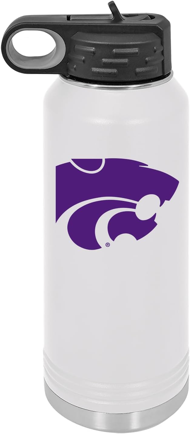 Kansas State University 32oz Stainless Steel Double Walled White Beverage Bottle with Flip Straw Spout - College Gear for Playoff Season – For Office, Home or Auto – Show your Wildcat Pride