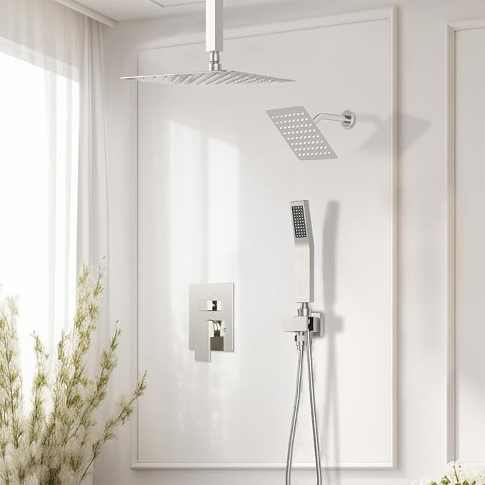 Shower Faucet Set Brushed Nickel Shower System, STARBATH 12+6" Double Rain Shower Head and Handheld Spray for Two Person, Ceiling Mount 3 Way Shower Valve with 5 Diverter and Trim Kit Shower Set