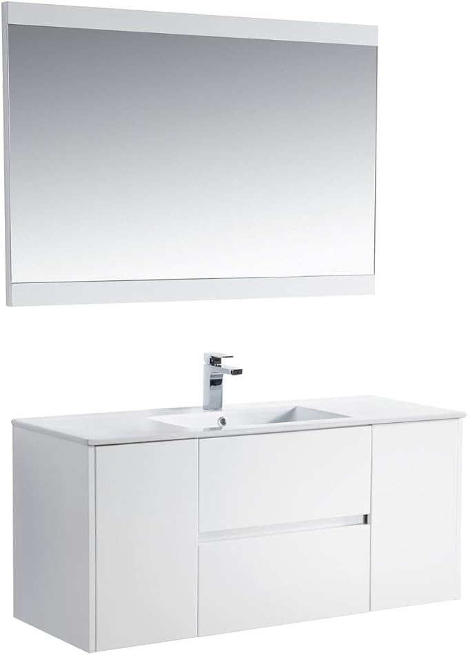 Blossom Single Bathroom Vanity with Ceramic Sink and Mirror | All Wood Floating Vanity Cabinet | 2 Doors and Soft-Closing U-Shaped Cutout Drawers| 48" w/Ceramic Sink and Mirror, Glossy White