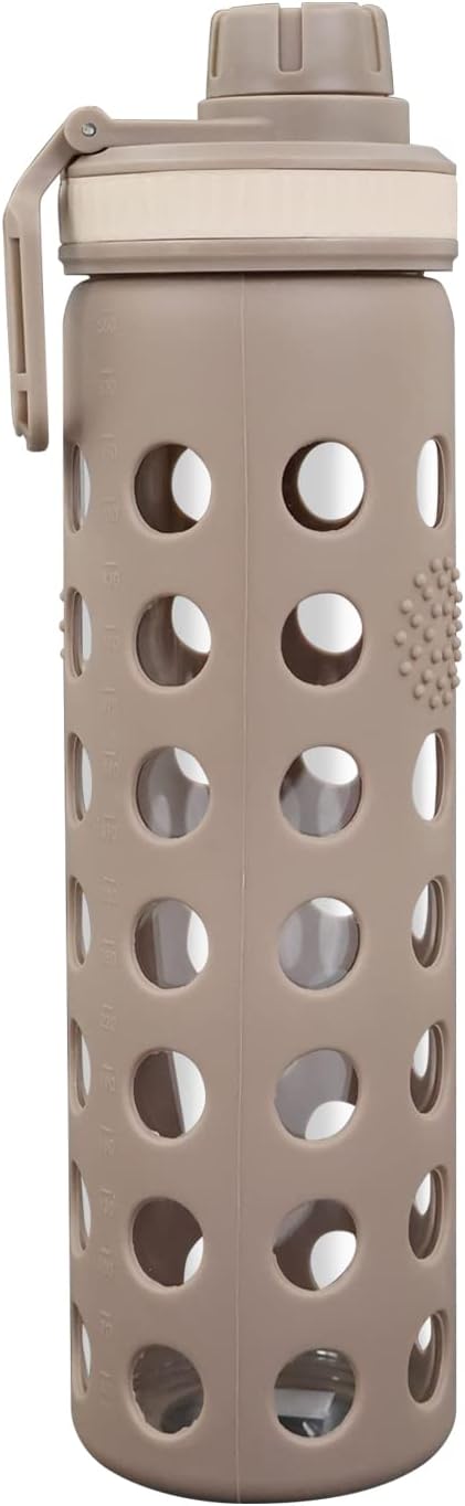 Modern-Depo 20oz Clear Glass Water Bottles Extra Lid Odor Proof and Stain Resistant Wide Mouth Reusable Fitness Sports Bottle with Sleeve, Motivational Water Jug, Smoking